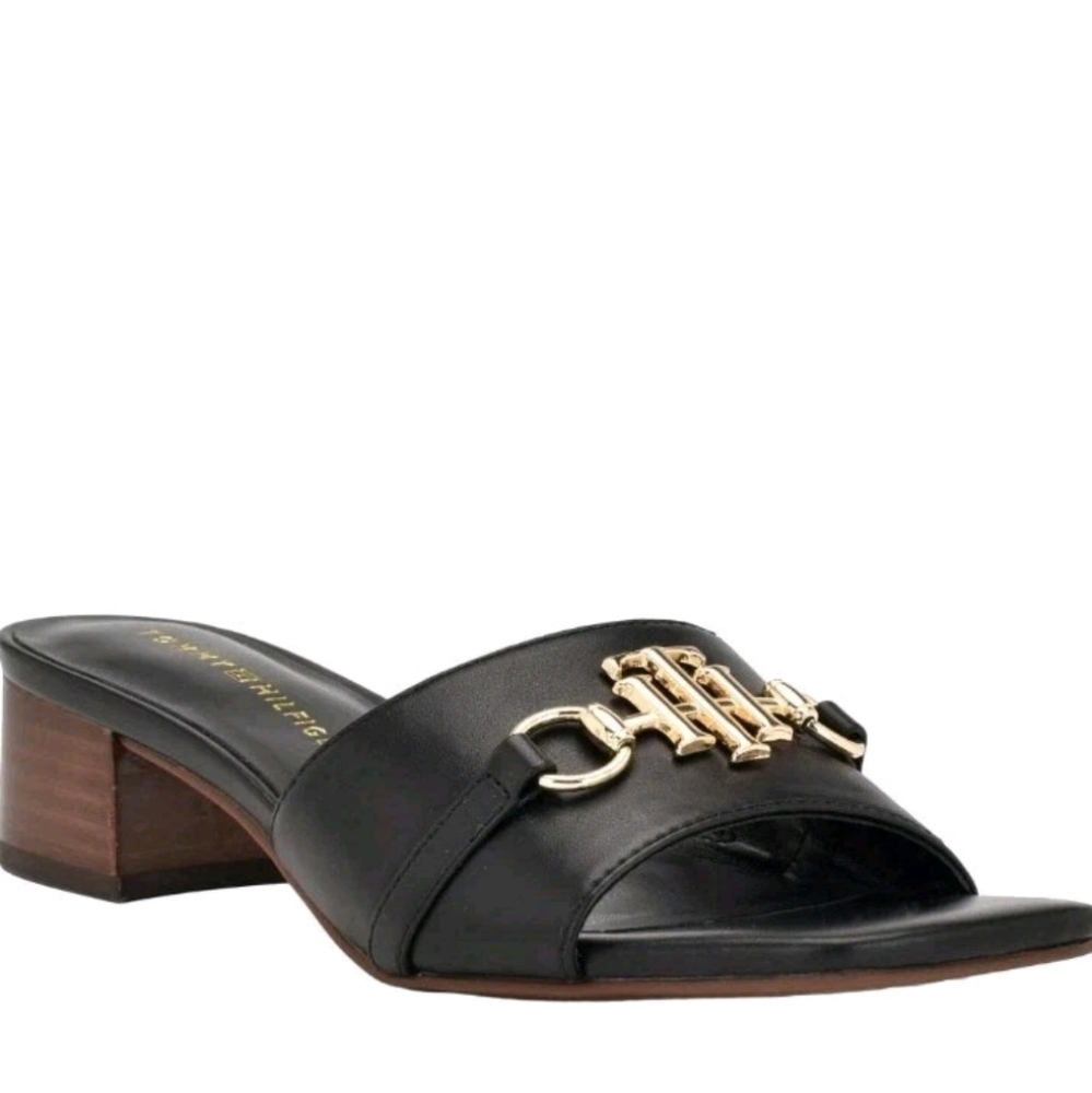 Tommy Hilfiger Black Pippe Slide Sz 9. Low Kitten Heel